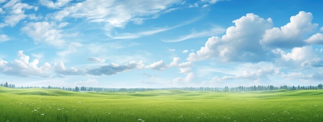 Green grass field agains the blue cloud sky, Generative AI - obrazy, fototapety, plakaty