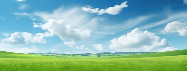 Green grass field agains the blue cloud sky, Generative AI
