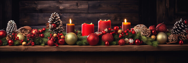 Weihnachtliches Dekobanner mit Weihnachtskugeln, Kerzen und Tannenzapfen, Hintergrund Illustration - obrazy, fototapety, plakaty