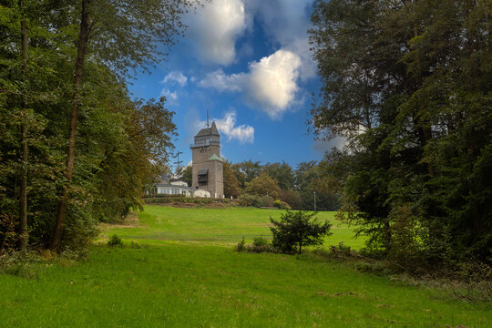 Historic telegraph tower "Danzturm" in Iserlohn is a landmark and viewing point with wonderful panoramic views of the Sauerland hills and landscape southeast of the Ruhr basin on a beautiful autumn 