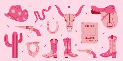 Vector western set. Retro pink glamour collection of cowgirl boots, bandana, hat, gun, cactus, horseshoe, cow skull, saddle, wanted poster and snake. Y2k wild west cowboy concept. - obrazy, fototapety, plakaty
