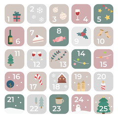 Christmas elements advent calendar vector illustration with Christmas tree, stars, candy canes, gifts, snowflakes, snowman, cake, wine, candles, house.