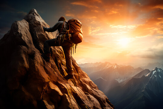 A climber climbs a mountain. Bright image, sunset in the mountains.