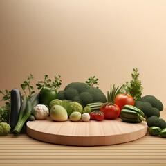 Round wooden podium with colorful fresh fruits and vegetables, minimal studio background for product showcase and healthy lifestyle concept, AI generated.