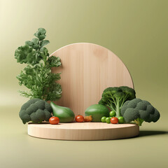 Round wooden podium with colorful fresh fruits and vegetables, minimal studio background for product showcase and healthy lifestyle concept, AI generated.