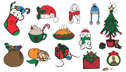Christmas cute icons, design elements, doodle vector set illustrations for banners