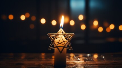golden star of david on a black background. a candle is burning below - obrazy, fototapety, plakaty