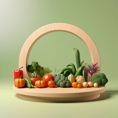 Round wooden podium with colorful fresh fruits and vegetables, minimal studio background for product showcase and healthy lifestyle concept, AI generated.