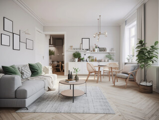 Scandinavian living room interior in light colors with a sofa, table, empty frames on the wall, home plants and a large bright window. The concept of modern and cozy home design. Generative AI