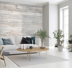 Scandinavian living room interior in light colors with a sofa, table, empty  wall, home plants and a large bright window. The concept of modern and cozy home design. Generative AI