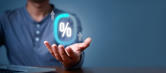 Percentage icon glowing for financial planning, banking increase interest rate or mortgage...