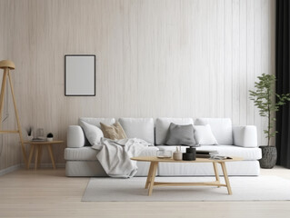 Scandinavian living room interior in beige colors with a sofa, table and empty  wall. The concept of modern and cozy home design. Generative AI