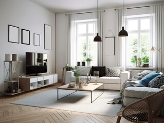  Scandinavian living room interior in light colors with a sofa, table, empty frames on the wall, home plants and a large bright window. The concept of modern and cozy home design. Generative AI