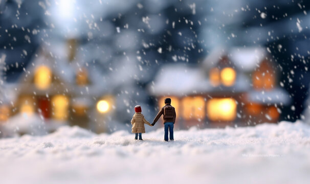 Romantic couple hugging in the snow fall. Magical winter landscape. Couple outdoor in winter. christmas a couple celebrates together christmas copy space