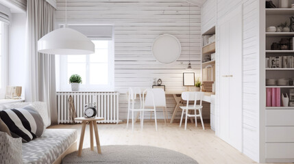 Scandinavian living room interior in light colors with a sofa, table, empty wooden wall  and a large bright window. The concept of modern and cozy home design. Generative AI