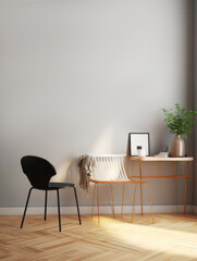 Scandinavian living room interior in light colors with a table, chair and empty wall. The concept of modern and cozy home design. Generative AI