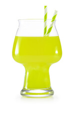 Glass of lime juice with paper drinking straw isolated on white background. Authentic studio shot.