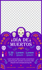 Plantilla de cartel vertical del d&iacute;a de muertos, con marco para fotograf&iacute;a 