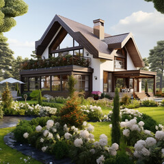 Fototapeta na wymiar Modern house with a patio, panoramic windows and a lawn