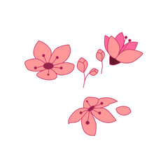 Isolated flowers of sakura set. Cartoon pink blossoms of Japanese cherry tree. Vector clip art illustration.