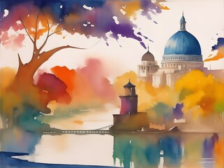 Immerse yourself in a world of cultural fusion as watercolor paints blend and swirl to create a unique and diverse landscape, Italy. Generative AI - obrazy, fototapety, plakaty