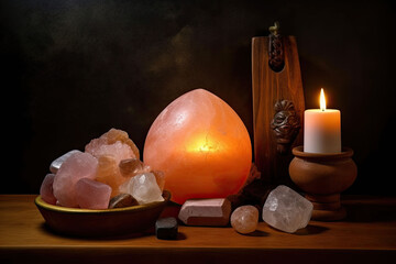 Healing altar with lit lantern, candle and crystals on a wooden desk