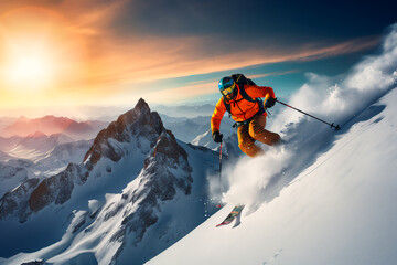 A man descends from the mountain on skis. Winter sports