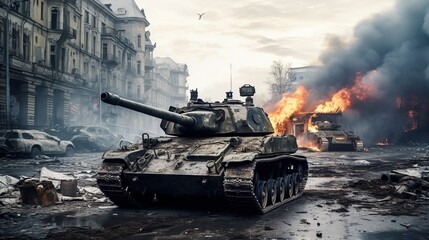 damaged tanks from battle, explosions, fires, deserted city backgrounds  - obrazy, fototapety, plakaty