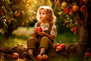 A child in an apple orchard. Child with fresh apples