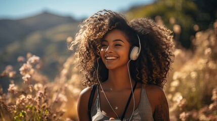 Woman listening to music with headphone outdoor - obrazy, fototapety, plakaty