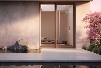 Side view of modern bathroom interior with concrete walls, concrete floor, white bathtub and shower stall. 3d rendering