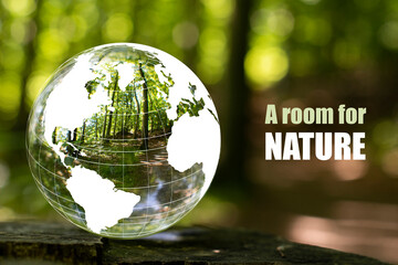 Focus on taking care of nature shown with a glass ball  with a worldmap reflecting the Scandinavian...
