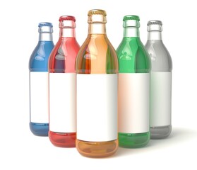 Colored bottles with a white label. 3d illustration