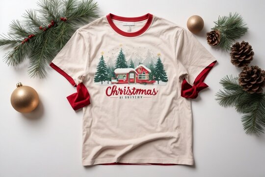 Christmas T-shirt design with Christmas tree and decorations