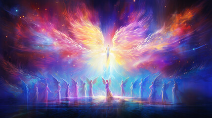 illustration of colorful angels in heaven