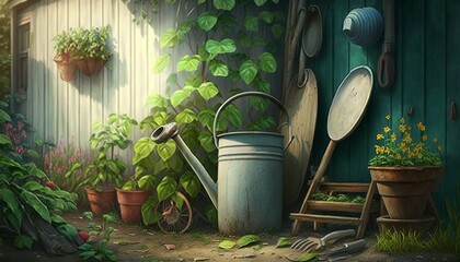 watering tool backyard gardening vegetables, green flora, farmlife design illustration