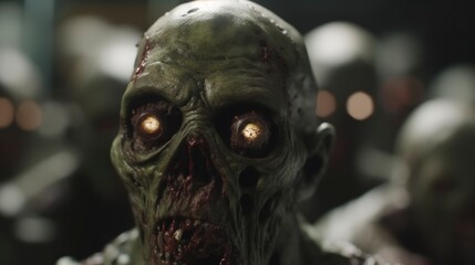 close up shot zombie in the night, rotten meat face mask for Halloween, glowing eyes  staring green skin