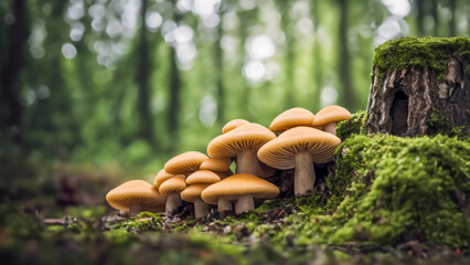 Mushrooms adjacent to a tree trunk with moss - obrazy, fototapety, plakaty