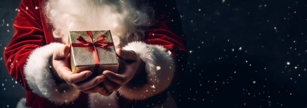 Christmas concept. Close up photo of Santa Claus hand holding a gift. Happy New Year, Merry Christmas, Celebration concept Sparkling present box with copy space