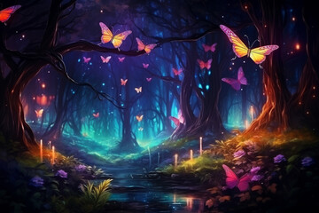 Fototapeta na wymiar Fireflies and butterflies fluttering in the night fantasy magical forest. Fairy tale concept, neon lights, 3d rendering elements