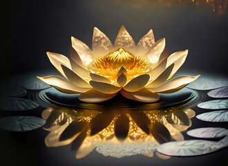 Naklejka na ściany i meble Golden Lotus flower in quiet water - dark backdrop - mystic, meditative, tranquil background