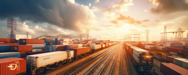 Fototapete Eisenbahn View of railway tracks in container cargo warehouse for transportation. Many freight trains at the train station. generative ai