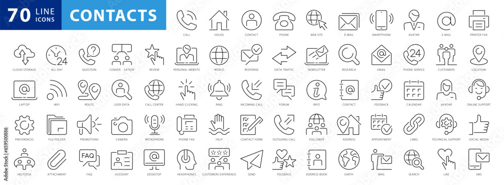 Aufkleber Set of 54 Contact Us web icons in line style. Web and mobile icon. Chat, support, message, phone. Vector illustration