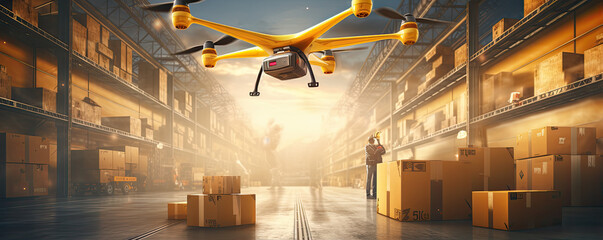 Drone working in a logistics warehouse. generative ai - obrazy, fototapety, plakaty