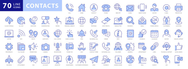Contact Us icon set. Complete With Concetps like E-mail, Phone, Address, Online Support, Smartphone, App, Feedback and more. Two Color Flat Style Icons vector collection