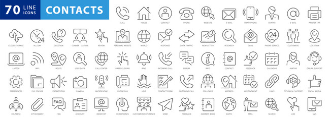 Set of 54 Contact Us web icons in line style. Web and mobile icon. Chat, support, message, phone. Vector illustration - obrazy, fototapety, plakaty