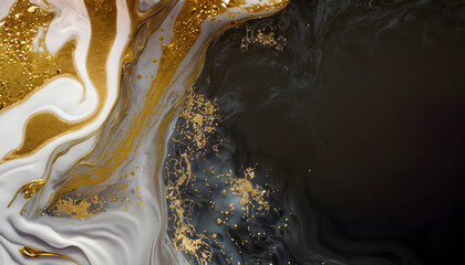 Abstract art luxury black background of liquid fluid black, white and gold glitter with copy space for text for background, banner, wallpaper.