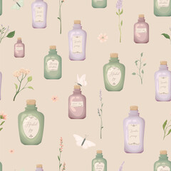 Seamless pattern with flowers and magic bottles - 659501421