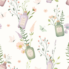 Seamless pattern with flowers and magic bottles - 659501430