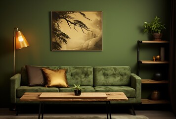 Interior of a modern living room with a green sofa and a picture on a wall - obrazy, fototapety, plakaty
